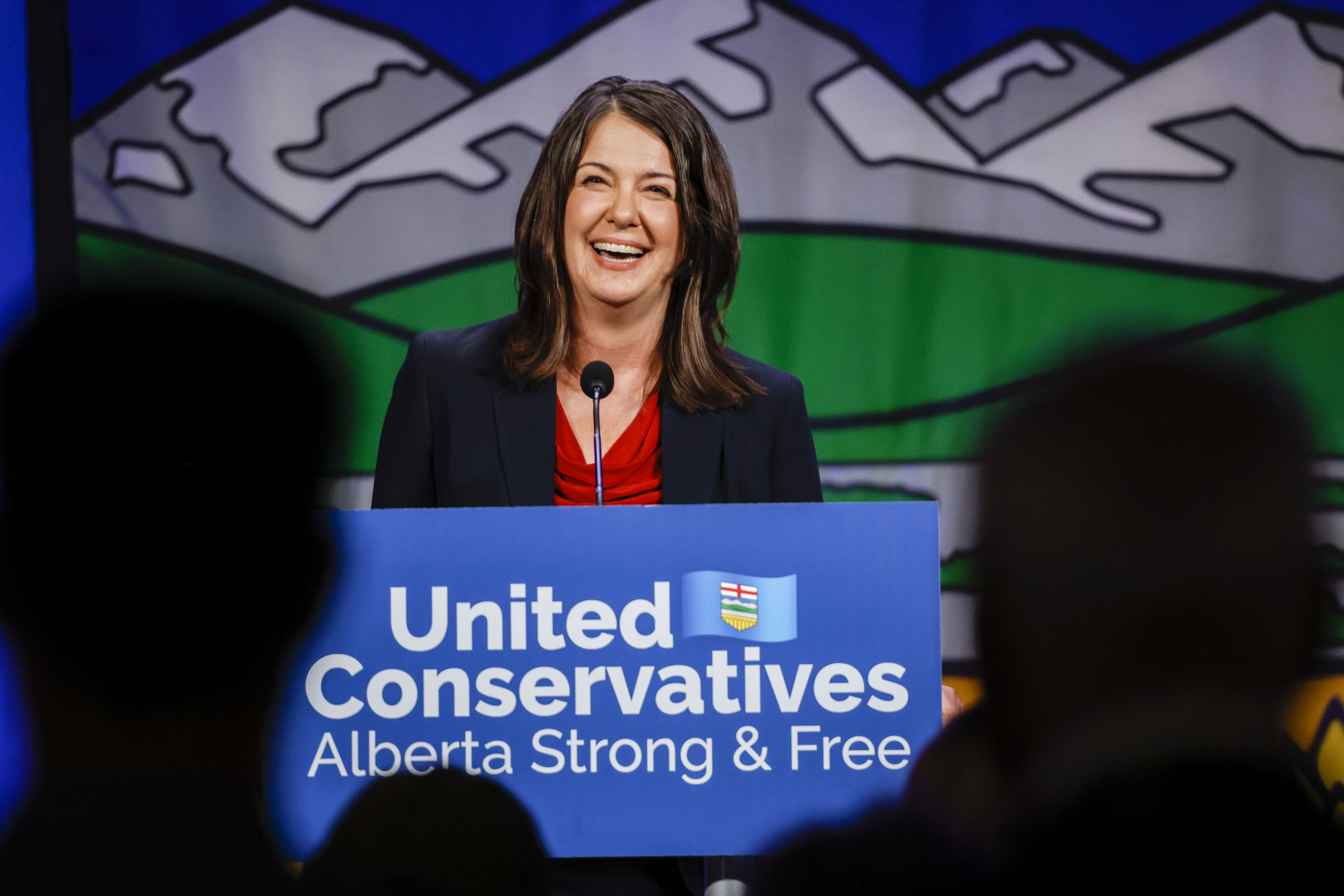 Danielle Smith celebrates after being chosen as the new leader of the United Conservative Party