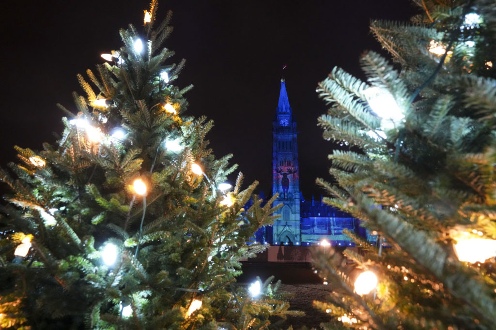 Parliament Hill lit with projections for Lights Across Canada