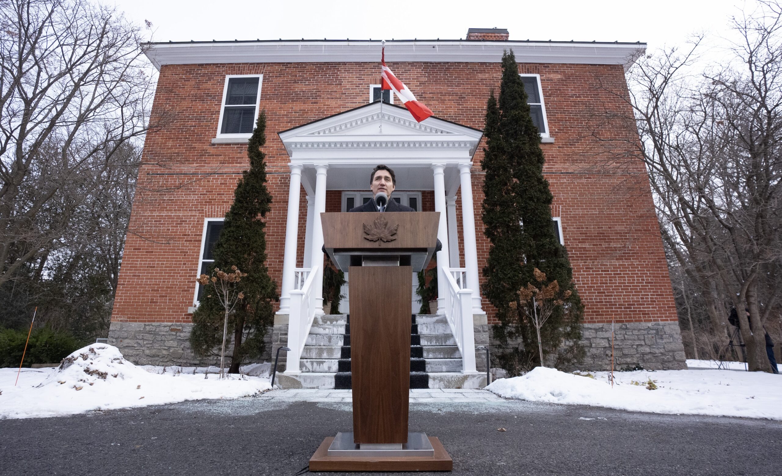 Prime Minister Justin Trudeau speaks with media outside Rideau Cottage.