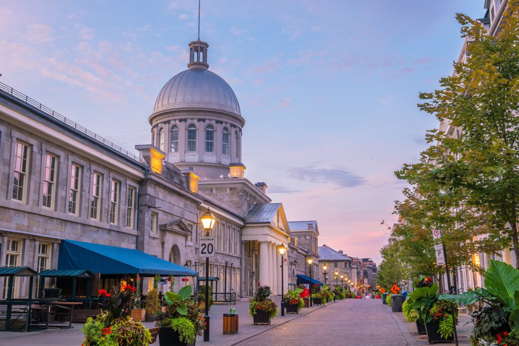 Old town Montreal at famous Cobbled streets at twilight in Canada