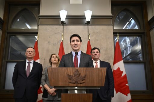 Prime Minister Justin Trudeau, Minister of Public Safety David McGuinty, left to right, Global Affairs Minister Melanie Joly and Minister of Governmental Affairs