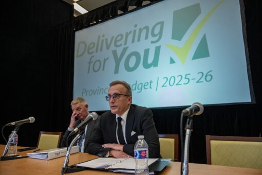 Saskatchewan Minister of Finance Jim Reiter, right, with Deputy Minister of Finance Max Hendricks.